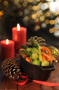 Seasonal Vegetables with Chestnuts, Carrots, Asparagus, Brussels sprouts and Roasted Potatoes